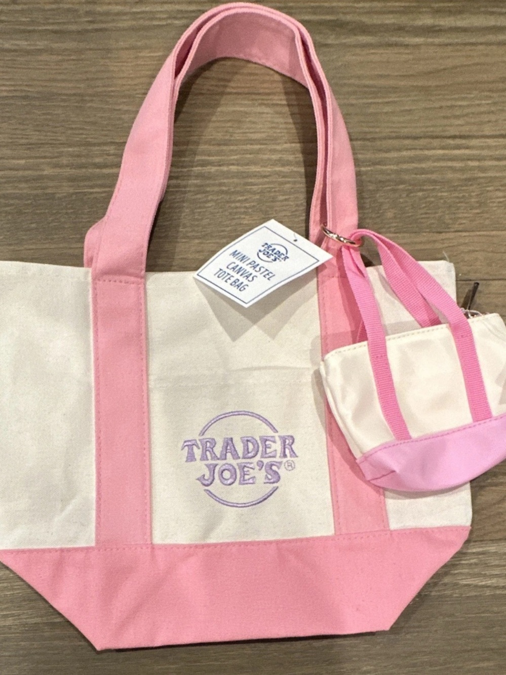 Trader Joe's Mini Pastel Canvas Tote Bag Pink Beige Logo Reusable w/ Pouch 2pc